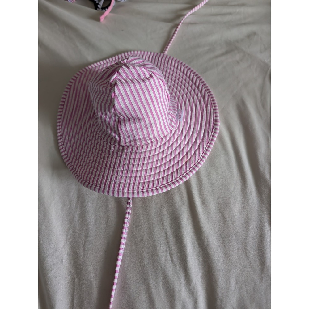 RuffleButts Baby Girls Pink White Seersucker Stripe Sun Hat 0-12m Chin Strap